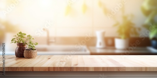 Morning background with blurred kitchen room interior  featuring a wooden table top island. Ideal for product display or key visual design layout.