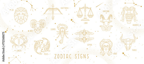 Modern magic witchcraft astrology background with zodiac constellations in the sky. Vector illustration