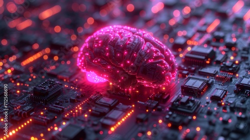 un cerveau rose en pleins travaille collé sur une carte électronique photo