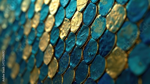  a close up of a blue and gold wallpaper with a fish scale pattern on the back of the wall. photo