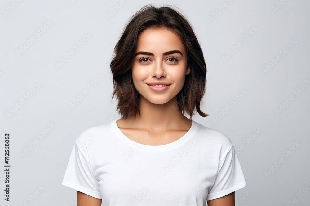 Happy woman with white shirt created with Generative AI Happy woman with white shirt created with Generative AI