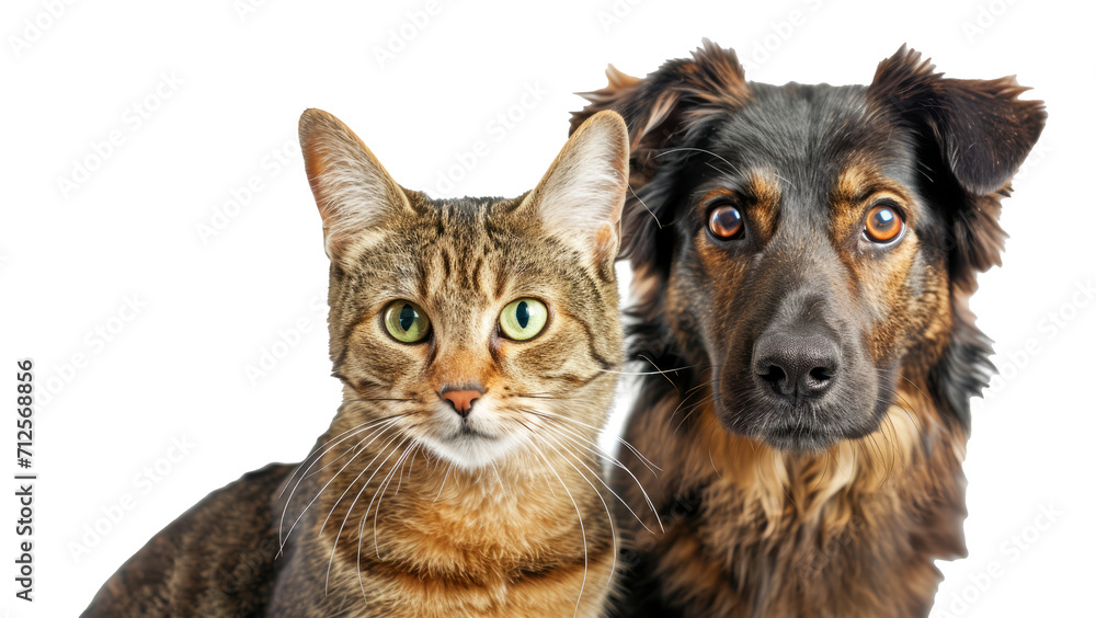 Joyful portrait of a dog and a cat looking at the camera together with happiness, cut out - stock png. Joyful portrait of a dog and a cat looking at the camera together with happiness, cut out - stock png.