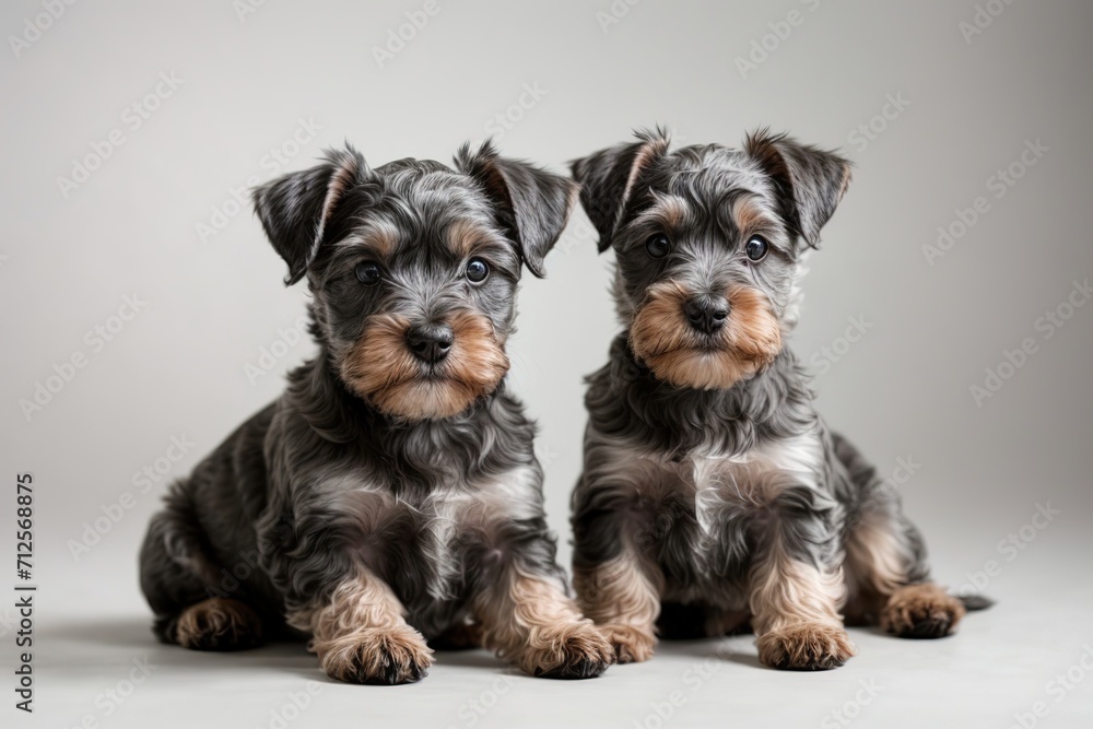 Dos cachorros Schnauzer, sentados, sobre fondo gris