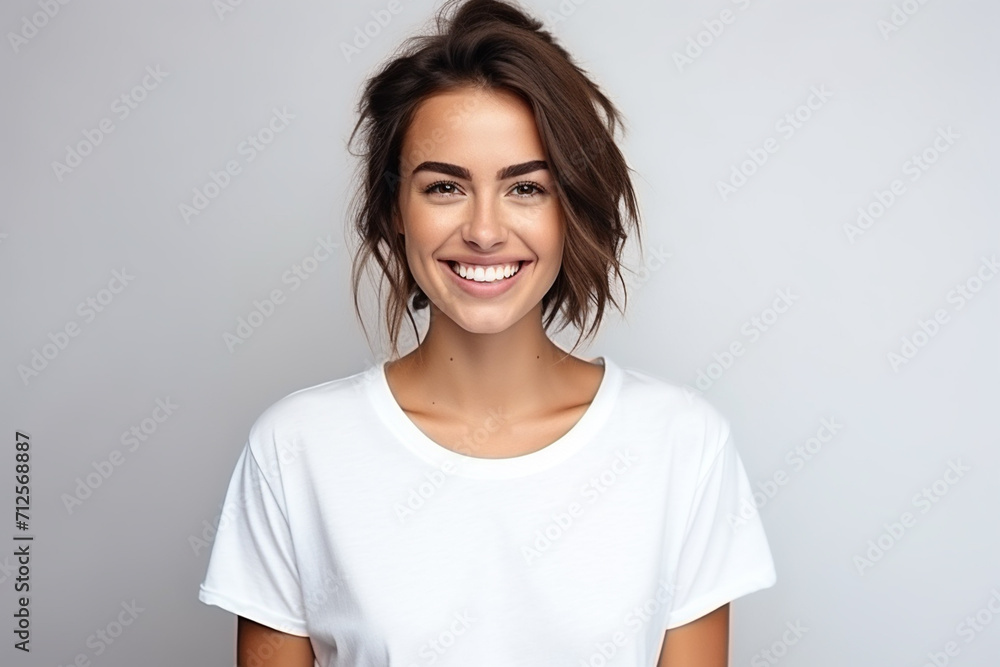 Happy woman with white shirt created with Generative AI Happy woman with white shirt created with Generative AI
