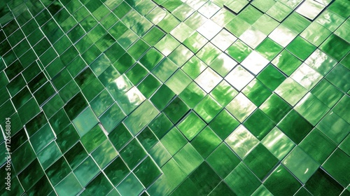  a close up of a green tiled wall with a sky reflection in the middle of the tiles and the sky in the background.