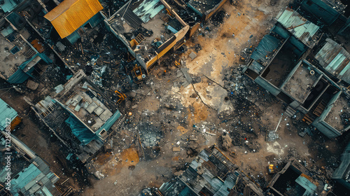 Top-down view of a dilapidated urban area with scattered debris.