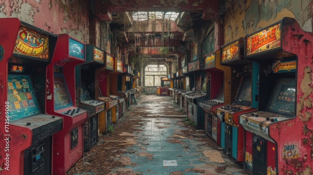 Fototapeta premium vieilles bornes arcades des années 80 à l'abandon dans un entrepôt désaffecté