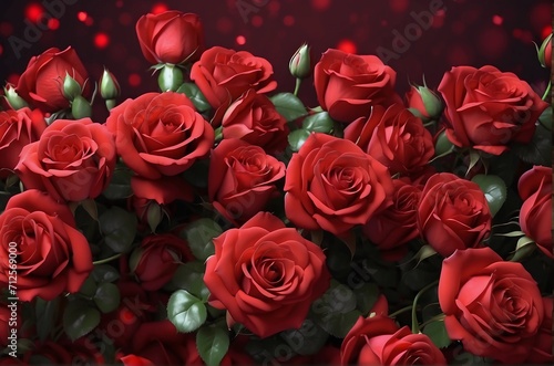 Close-up view of vibrant red roses with petals and leaves  set against a dark background. Love  Romance  Valentine s Day Concept 