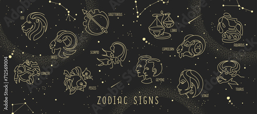 Modern magic witchcraft astrology background with zodiac constellations in the night sky. Vector illustration
