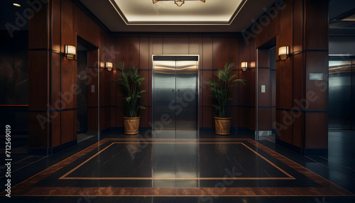 Blank simple metal silver elevator door for branding in elegant hotel lobby photo
