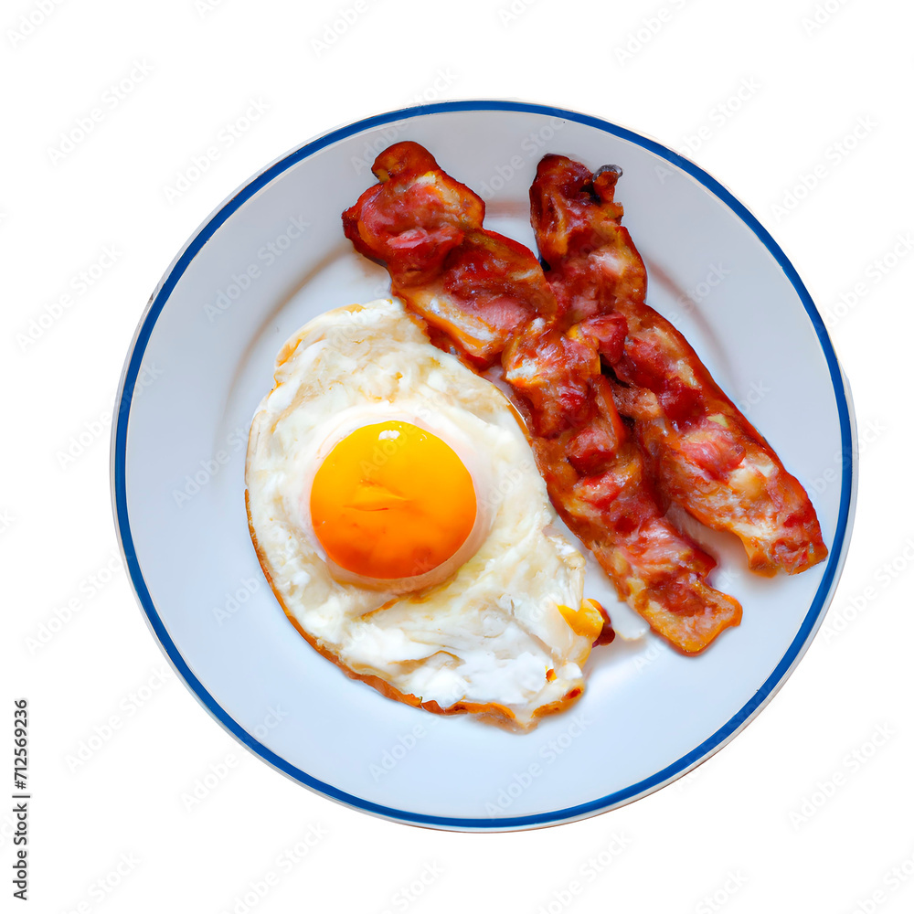isolated fried egg with bacon on white ceramic plate, english breakfast top view isolated fried egg with bacon on white ceramic plate, english breakfast top view