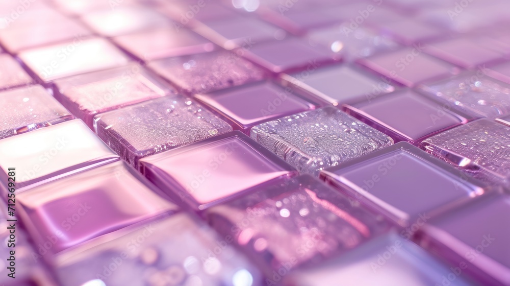 a close up view of a purple and white glass mosaic tile wall with water droplets on the bottom of the tiles. a close up view of a purple and white glass mosaic tile wall with water droplets on the bottom of the tiles.