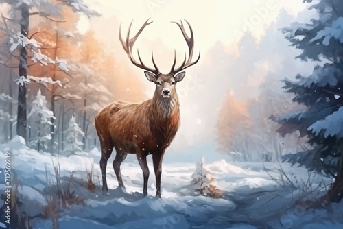 Noble deer male in winter snow forest. Artistic winter Christmas landscape. © usman