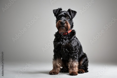 Perro Schnauzer, color negro, sentado, mirando al frente, sobre fondo gris
