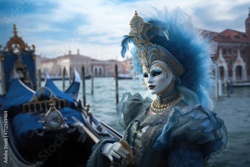 Elegant woman in blue attire and Venice Italian carnival mask standing next to gandola and Venice city background