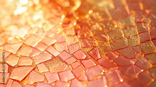  a close up of a piece of art made out of gold and pink glass tiles with light reflecting off of it.