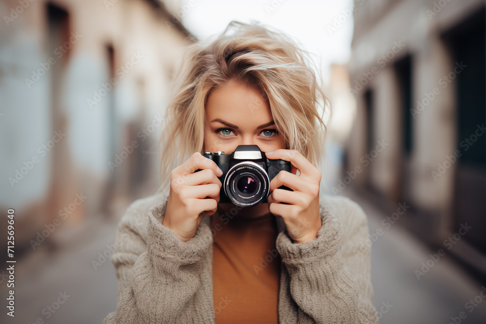 beautiful woman taking photo with dslr camera