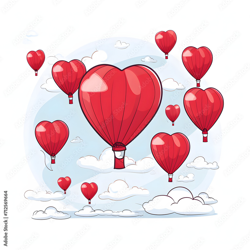 Heart-shaped balloons floating against a clear sky isolated on white background, hand drawn, png
