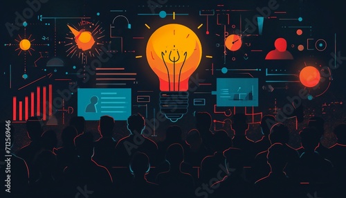 Illustrate the success and excitement of a startup pitch event, showcasing entrepreneurs presenting innovative ideas, potential investors, and the entrepreneurial spirit in action, AI  photo
