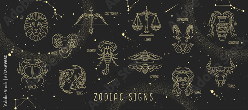 Modern magic witchcraft astrology background with zodiac constellations in the night sky. Vector illustration photo