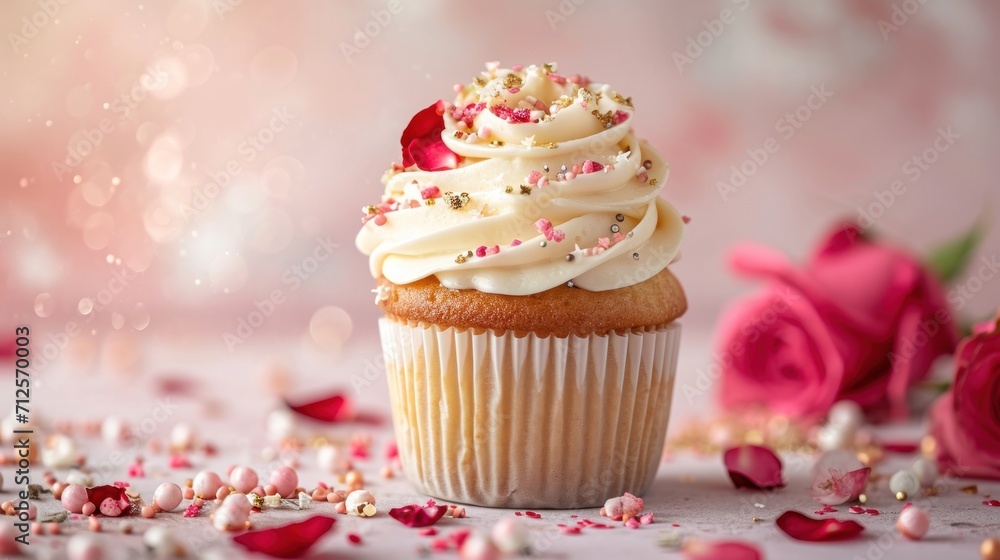 a cupcake with white frosting and sprinkles on a table with roses and confetti. a cupcake with white frosting and sprinkles on a table with roses and confetti.