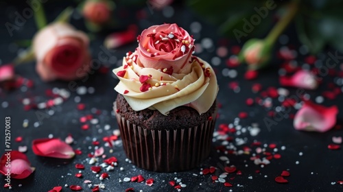  a chocolate cupcake with white frosting and a pink rose on a black surface with red and white sprinkles.