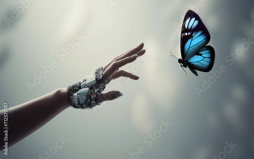 robot girl on a light background, her hand reaches out to a flying, live, real butterfly 