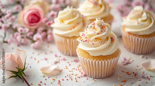  a bunch of cupcakes with white frosting and sprinkles on a table with pink flowers.