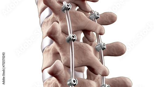 Posterior Thoracic Fusion with Pedicle Screws and Rods on White Background