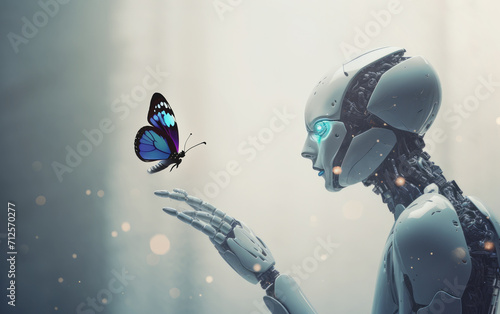 robot girl on a light background  touching a flying butterfly with her finger 