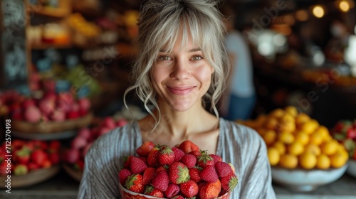 femme sénior portant dans ces mains une corbeille de fraise photo