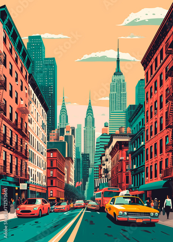 Minimalist illustration of New York City with a retro style and multiple colors. USA. skyscrapers, manhattan and typical yellow taxis photo