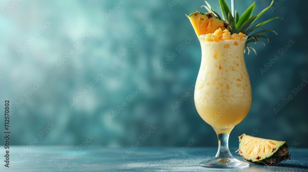  a drink in a tall glass with a pineapple garnish and a slice of pineapple on the side. - obrazy, fototapety, plakaty 