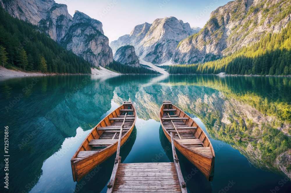 Generative AI image of wooden boats on a serene alpine lake with mountain reflections Generative AI image of wooden boats on a serene alpine lake with mountain reflections
