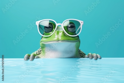 Frog in sunglasses on a turquoise background in the water. The concept of a vision problem.