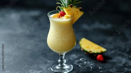  a drink with a pineapple garnish and a slice of pineapple on the side of the glass.