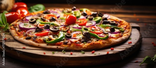 Delicious veggie pizza on wood table.