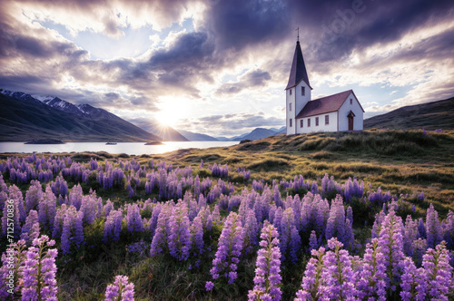 Generative AI image of a church amidst wild lupines near river and with a sunset over the mountains