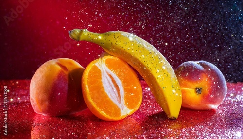 frutas espalhadas com glitter. conceito erótico