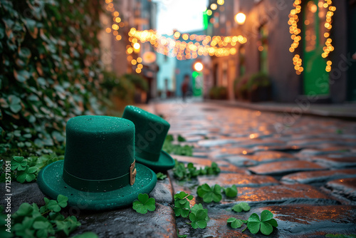 St Patrick's Day hats and clovers on festive street Generative AI image photo