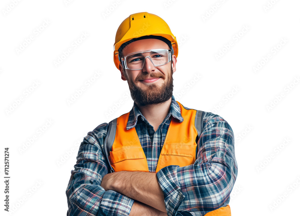 Worker in protective gear and with cheerful expression standing confidently with crossed arms, cut out - stock png. Worker in protective gear and with cheerful expression standing confidently with crossed arms, cut out - stock png.
