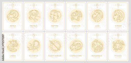 Set of Modern magic witchcraft cards with astrology zodiac signs. Zodiac characteristic. Vector illustration