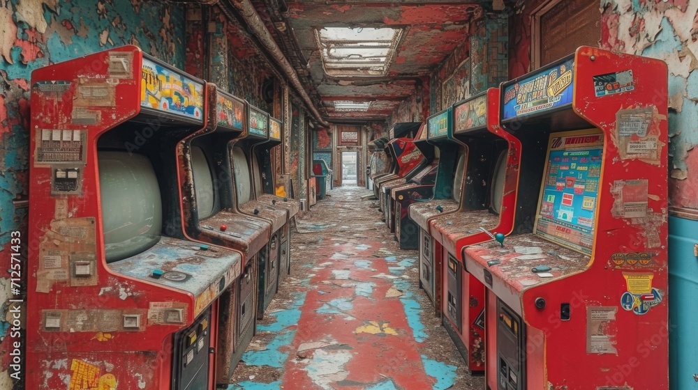 vieilles bornes arcades des années 80 à l'abandon dans un entrepôt désaffecté