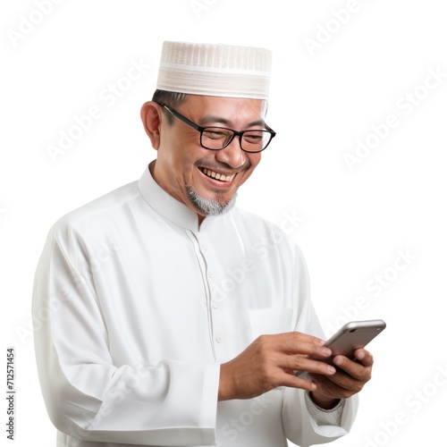 senior man using smartphone on white background