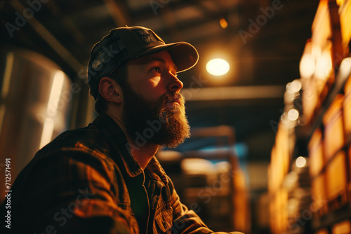 Generative AI illustration of contemplative bearded man in a cap looks up while inside a warehouse with warm ambient lighting photo