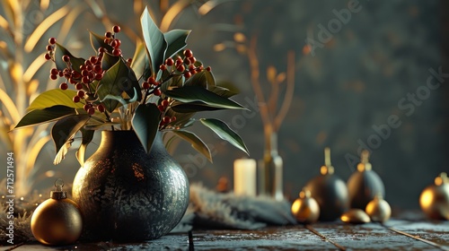  a vase filled with red berries sitting on top of a table next to other vases and candles on top of a wooden table.