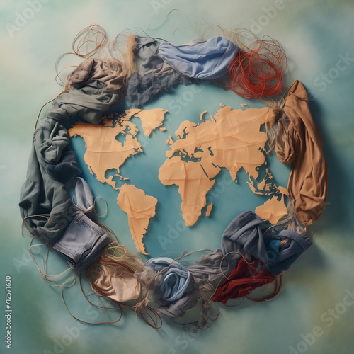 Generative AI illustration of assorted clothing items artfully arranged symbolizing global commitment to textile recycling and sustainable living photo