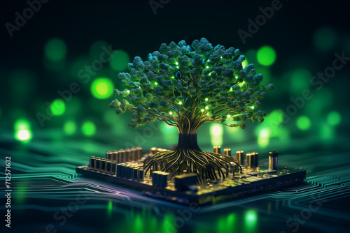 Generative AI illustration of digitally created image of ree with foliage growing from a circuit board illustrating the concept of technology photo