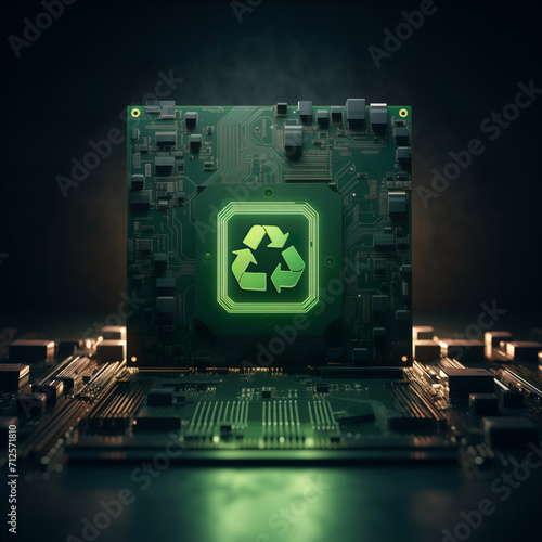 Generative AI illustration of circuit board with a glowing green recycle symbol at the center placed on an electronic motherboard photo