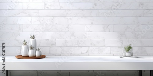 Product display template with marble table and ceramic tile brick wall.